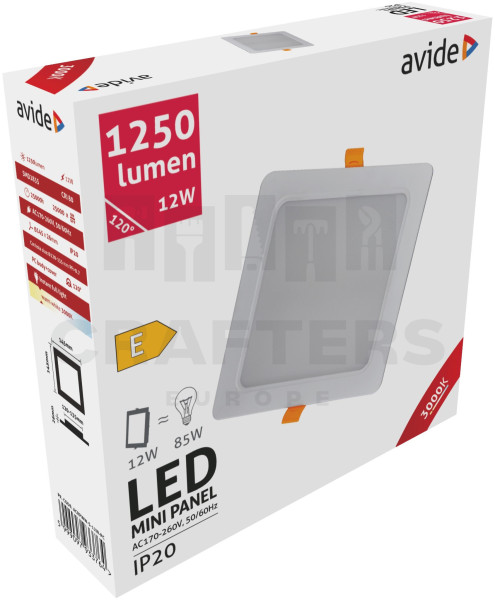 Avide LED Beépíthető Négyzetes Mennyezeti Lámpa Műanyag 12W WW 3000K