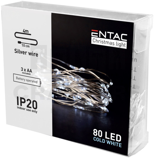 Entac Karácsonyi Beltéri Drótfüzér 80 LED CW 4,1m (3AA nt.)