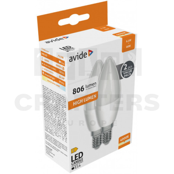 Avide LED Candle Twin Pack 6.5W E14 NW 4000K