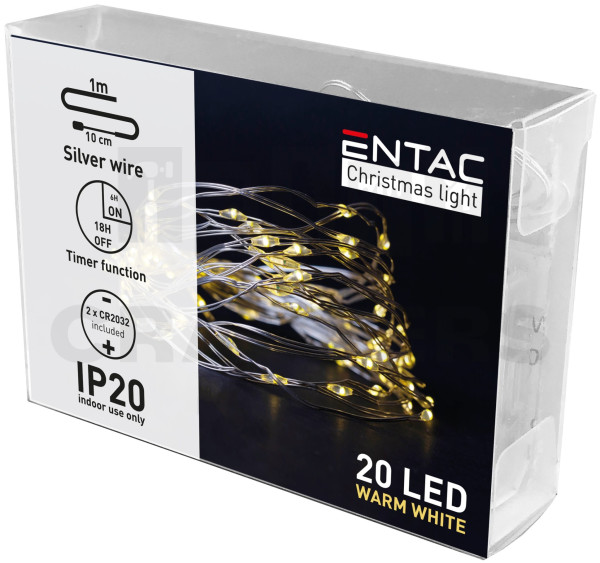 Entac Karácsonyi Beltéri Mini Drótfüzér 20 LED Időzítővel WW 1,1m (2x2032 tart.)