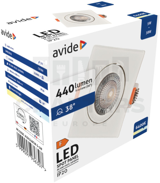 Avide LED Beépíthető Spot 38° Négyzetes 5W CW 6400K