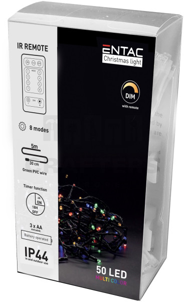 Entac Karácsonyi IP44  Fényfüzér 50 LED MC 5m IR Távirányítóval (2AA)