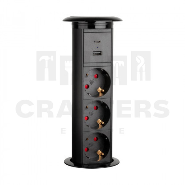 StrongPower elektromosan nyíló konnektor, 3x 230V, USB A+C, vezetéknélküli töltő, fekete, SCHUKO