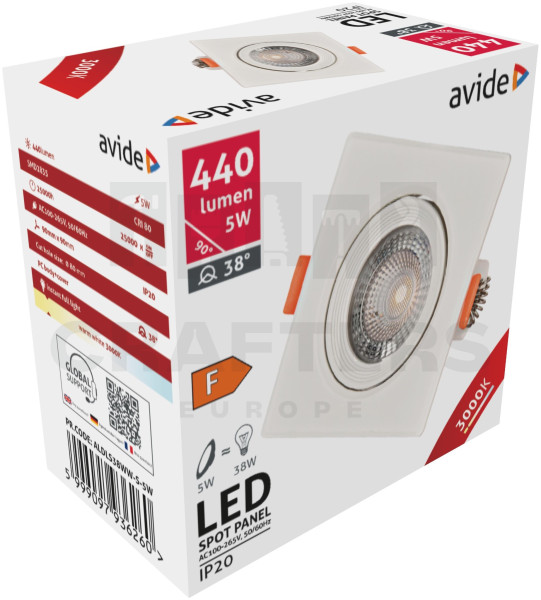 Avide LED Beépíthető Spot 38° Négyzetes 5W WW 3000K