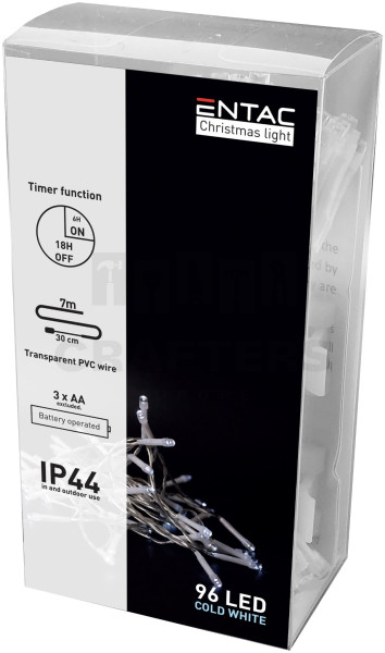 Entac Karácsonyi IP44 Füzér 96 LED Időzítővel CW 7m (3AA)